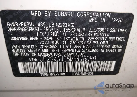 2021 Subaru Forester Premium из США, поврежденный, VIN JF2SKAJC5MH476089